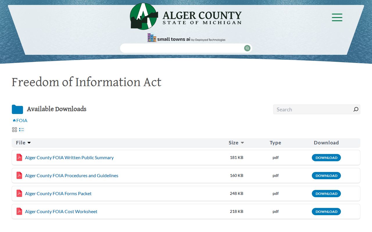 Alger County most wanted program records: county FOIA landing page and request forms