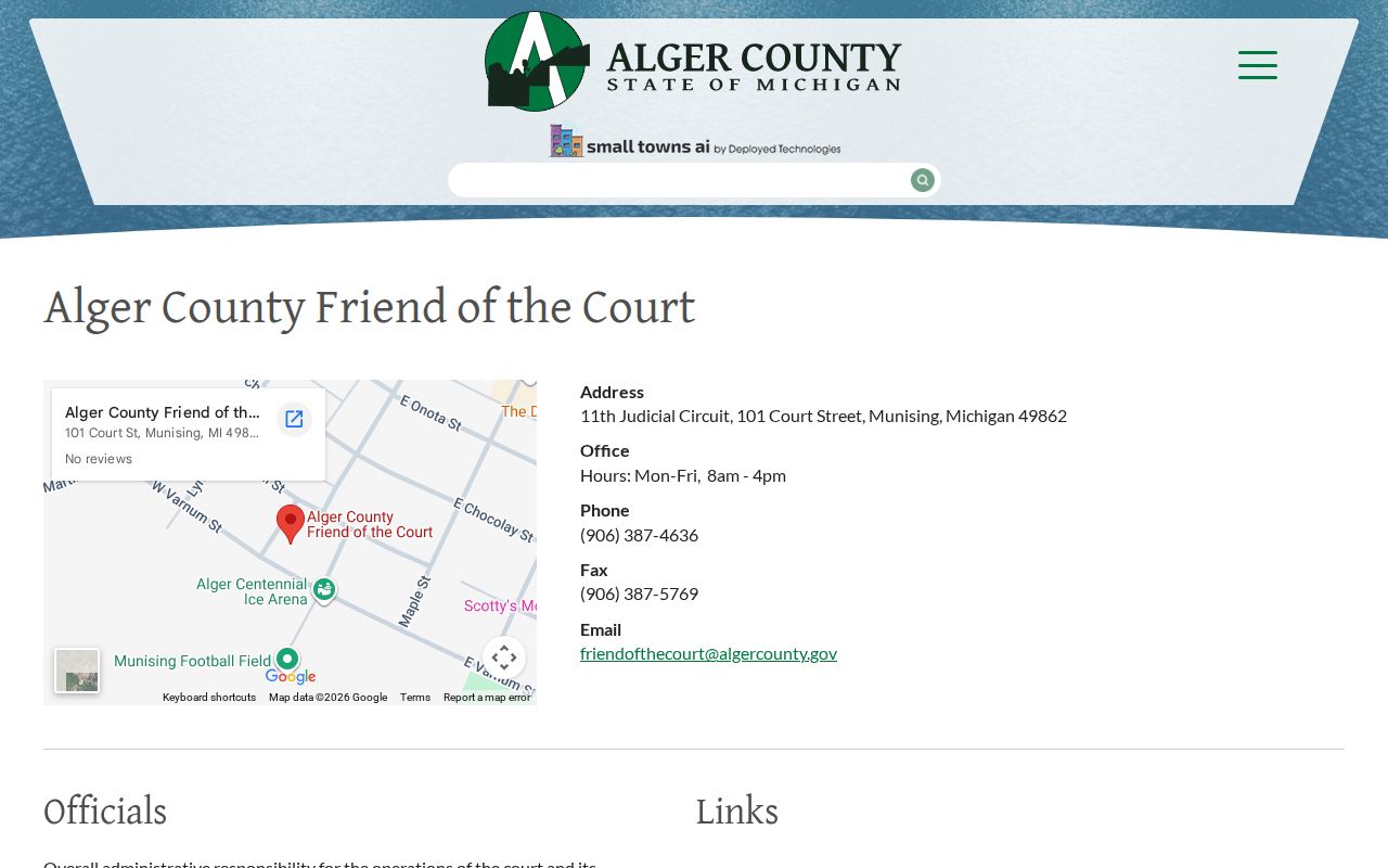 Alger County warrant check: Friend of the Court page showing a support warrant menu