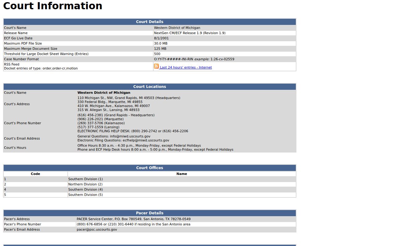 Alger County warrant records: blank federal docket and clerk information page