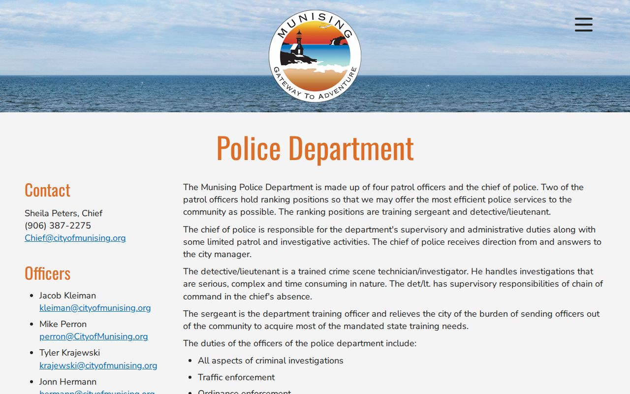 Alger County city court warrant lookup: Munising police department service page