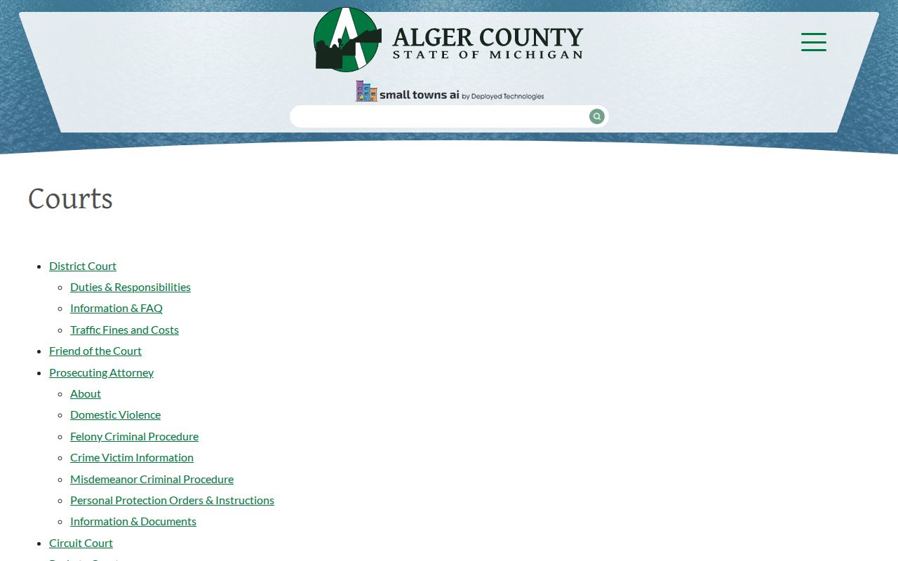 Alger County warrant records: county court system landing page