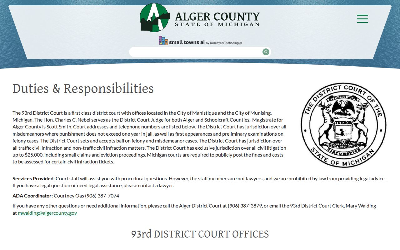 Alger County warrant records: 93rd District Court jurisdiction and contact page
